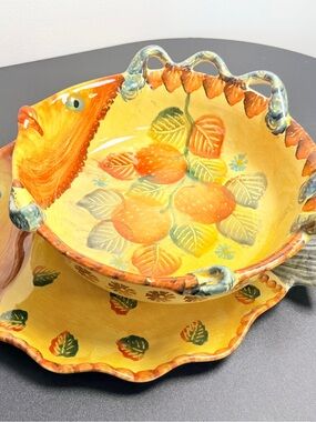 Hand-Painted Italica Ars Fish Bowl and Plate Serving Set of Two